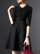 Romwe Black V Neck Contrast Lace A-line Dress