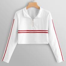 Romwe Striped Panel Zip Front Sweatshirt