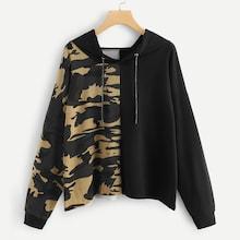 Romwe Plus Camo Print Drawstring Detail Hoodie