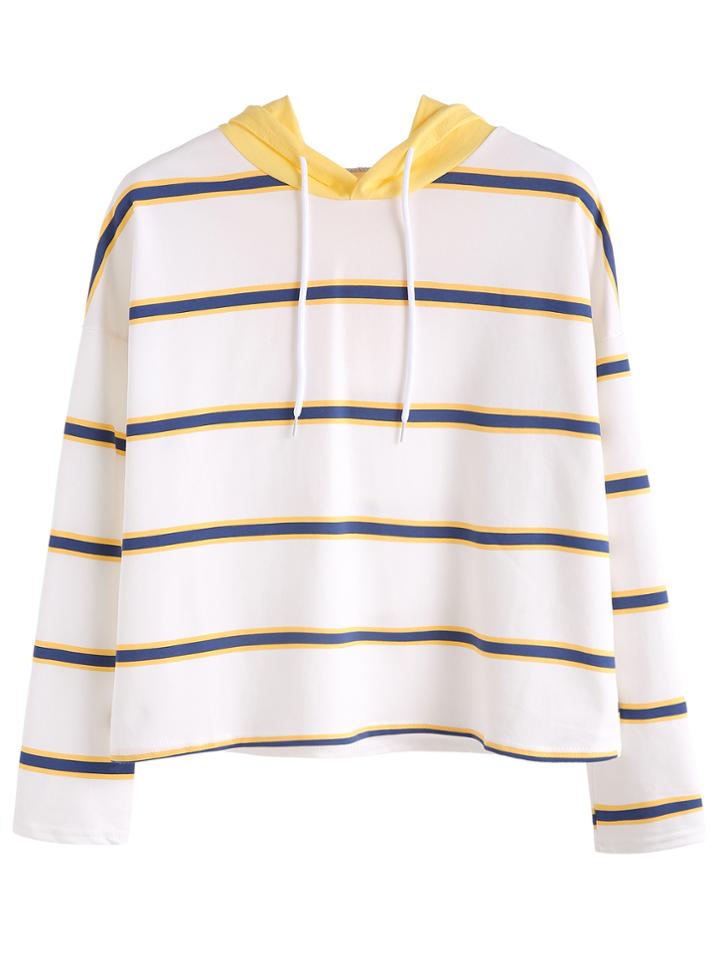 Romwe Striped Dropped Shoulder Seam Sweatshirt With Contrast Hood