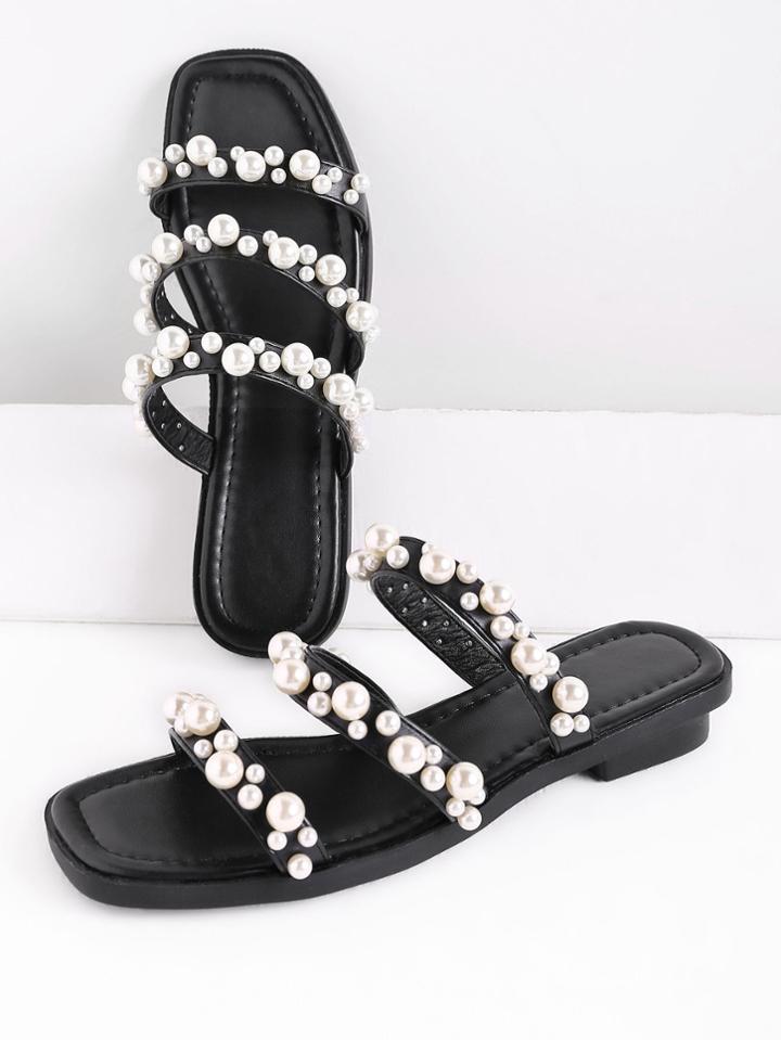 Romwe Faux Pearl Embellished Strap Slide Sandals