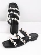 Romwe Faux Pearl Embellished Strap Slide Sandals