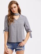Romwe Cutout Choker Neck Tie Sleeve Gingham Blouse
