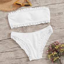 Romwe Rib-knit Frill Trim Bandeau Bikini Set