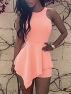 Romwe Cutout Sleeveless Flounce Romper - Pink
