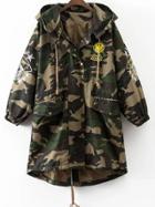 Romwe Army Green Embroidery Hooded Dip Hem Camouflage Coat