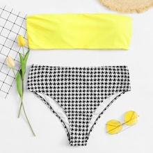 Romwe Plus Houndstooth Bandeau Bikini Set