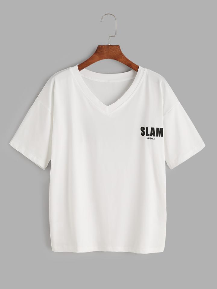 Romwe White Letter Print V Neck T-shirt