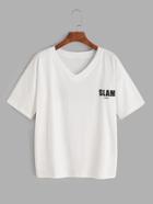 Romwe White Letter Print V Neck T-shirt