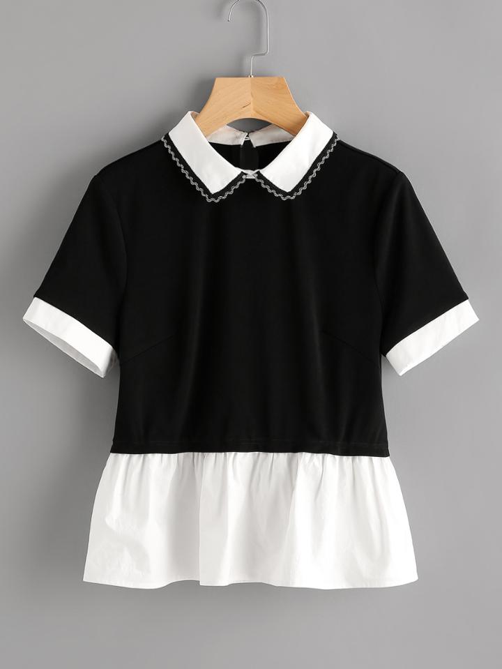 Romwe Two Tone Frill Hem Top