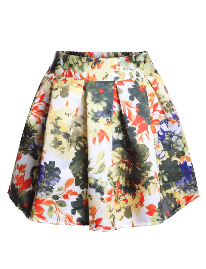 Romwe Elastic Waist Florals Pleated Yellow Skirt