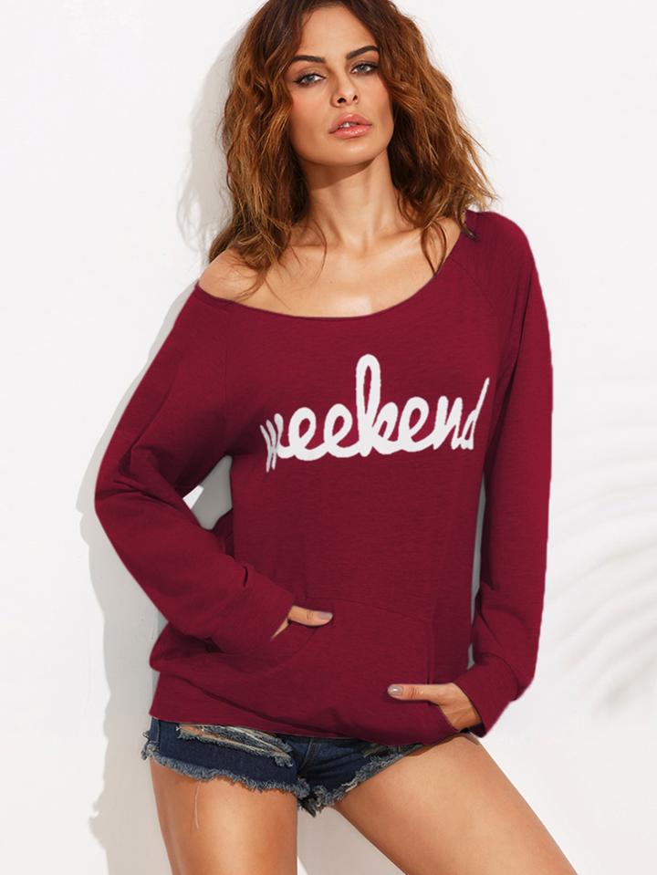Romwe Weekend Print Kangaroo Pocket Sweatshirt
