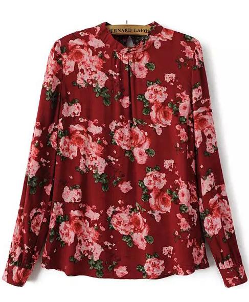 Romwe Red High Neck Floral Cotton Blouse