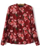 Romwe Red High Neck Floral Cotton Blouse