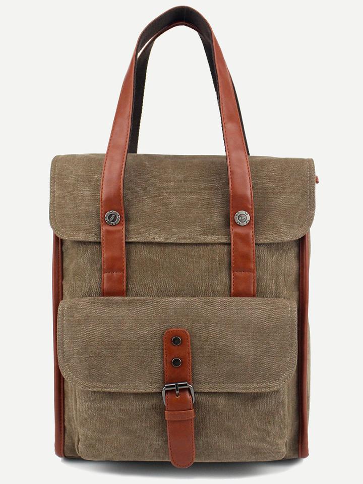 Romwe Khaki Buckled Strap Front Double Handle Flap Backpack