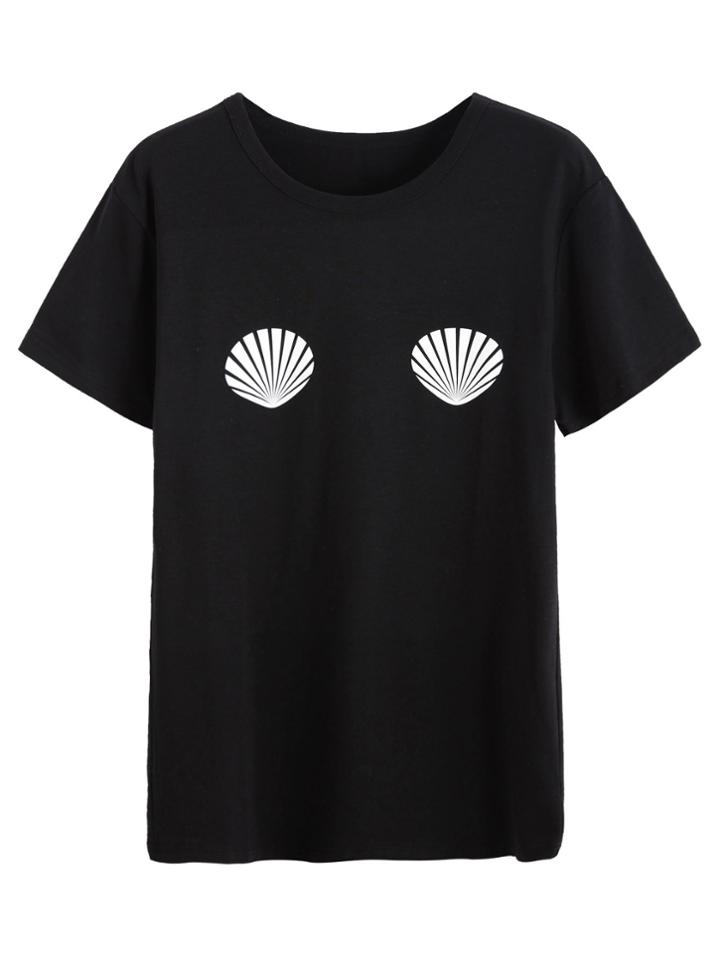 Romwe Black Shells Print T-shirt