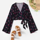 Romwe Bell Sleeve Surplice Wrap Knot Cherry Blouse
