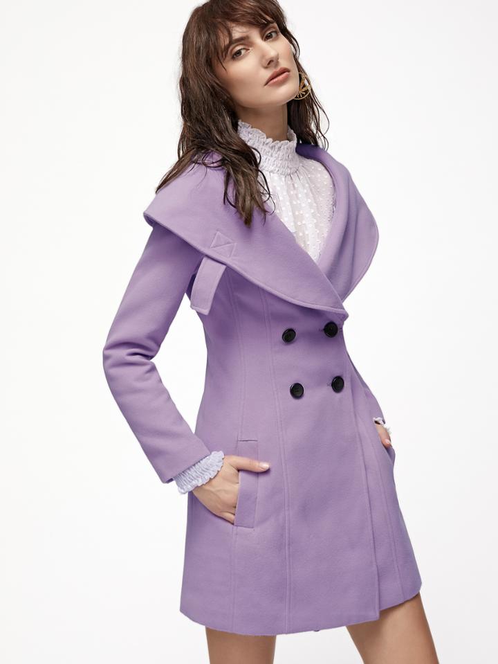 Romwe Purple Wide Shawl Collar Double Breasted Princess Coat