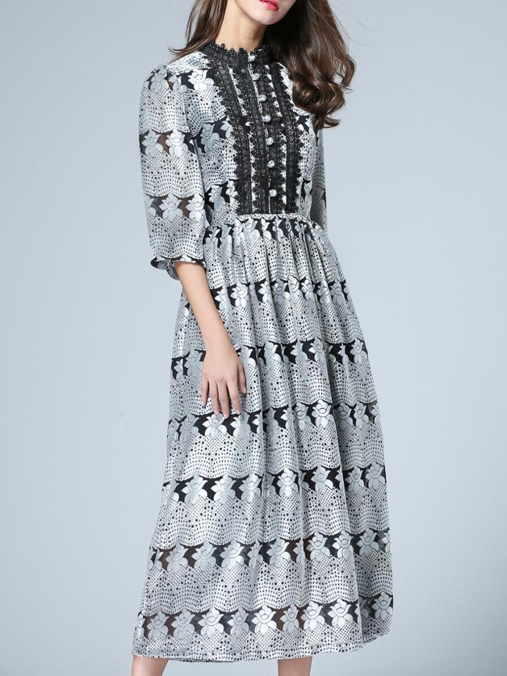 Romwe Grey Round Neck Half Sleeve Print Dress