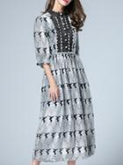 Romwe Grey Round Neck Half Sleeve Print Dress