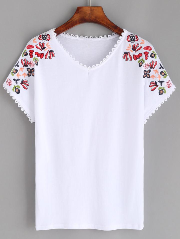Romwe White Lace Trim Embroidered T-shirt