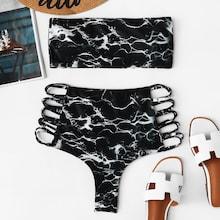 Romwe Marble Print Bandeau With Ladder Cut-out Bikini