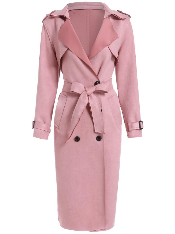 Romwe Lapel Belt Buttons Suede Long Coat