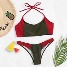 Romwe Two Tone Halter Top With Low Rise Bikini