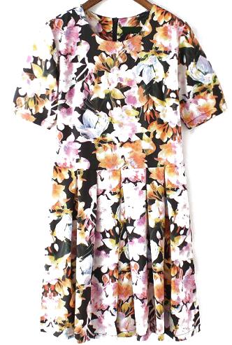 Romwe With Zipper Florals Pleated Dress