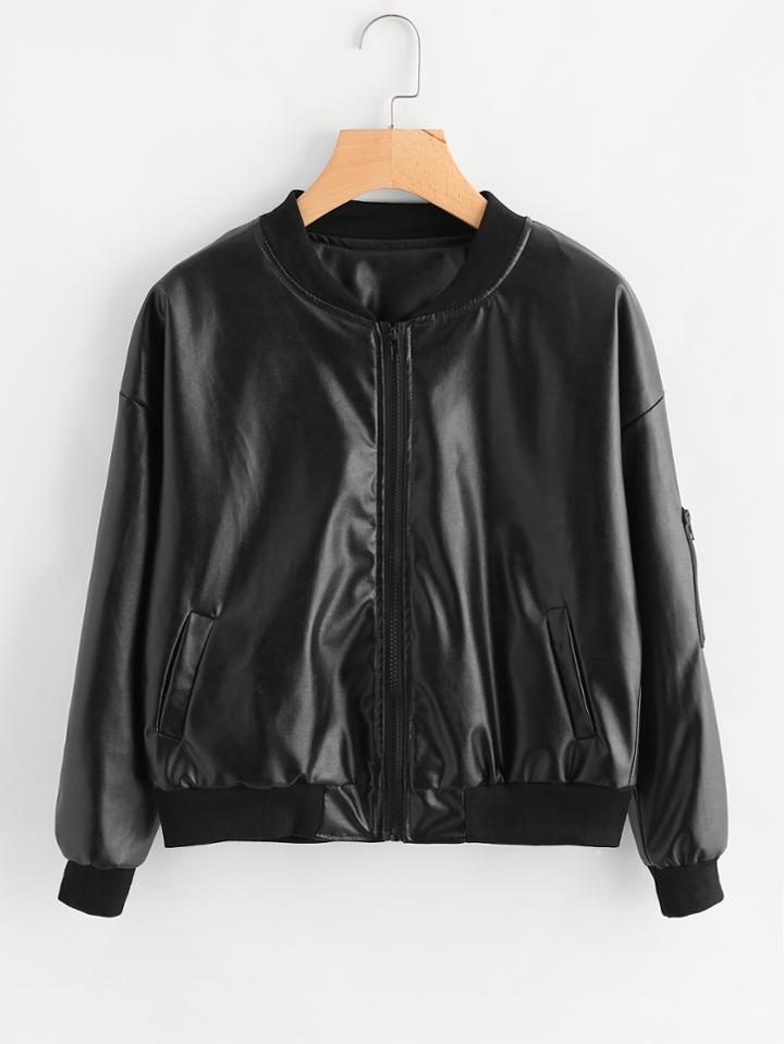 Romwe Rib Trim Drop Shoulder Pu Jacket