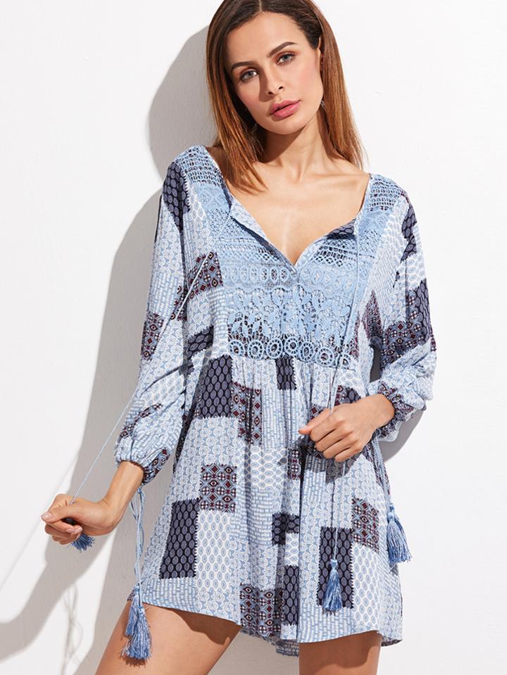 Romwe Blue Tribal Print Crochet Front Tassel Tie Neck Dress