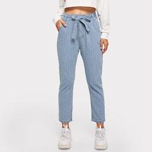 Romwe Tie Waist Striped Jeans