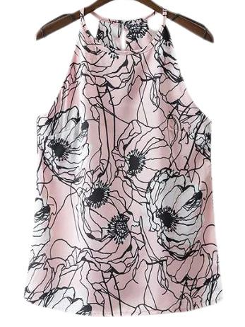 Romwe Pink Keyhole Back Flowers Print Spaghetti Strap Tank Top