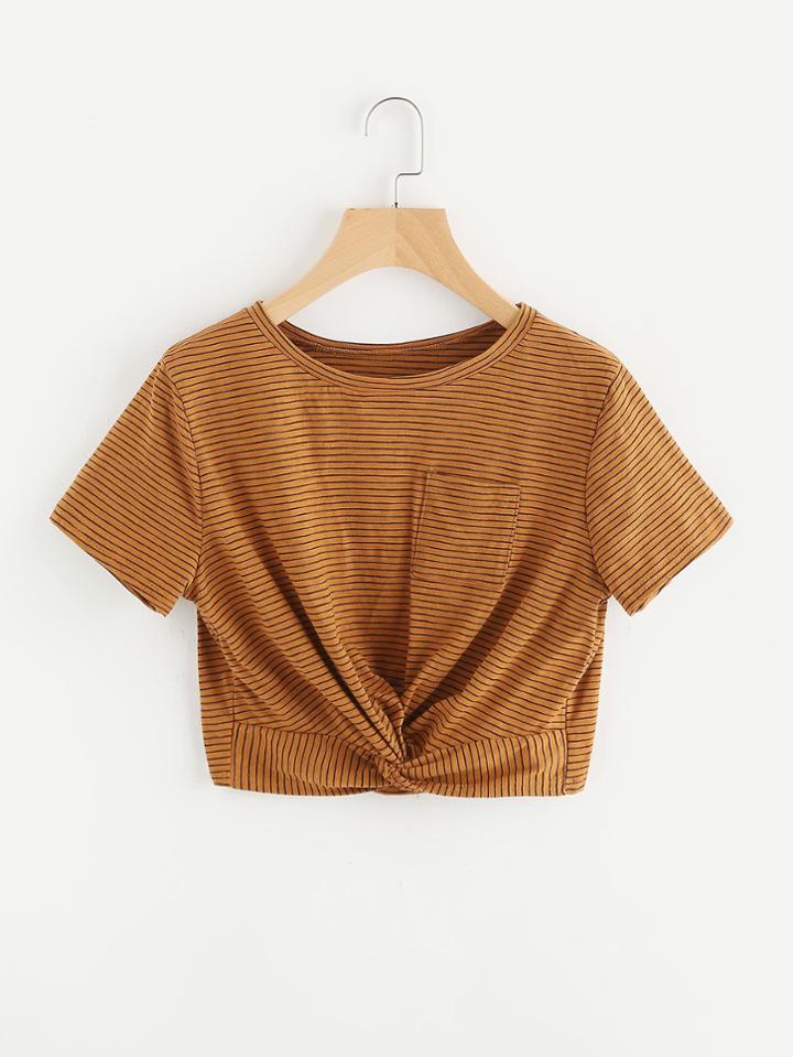 Romwe Striped Twist Front Tee With Chest Pocket