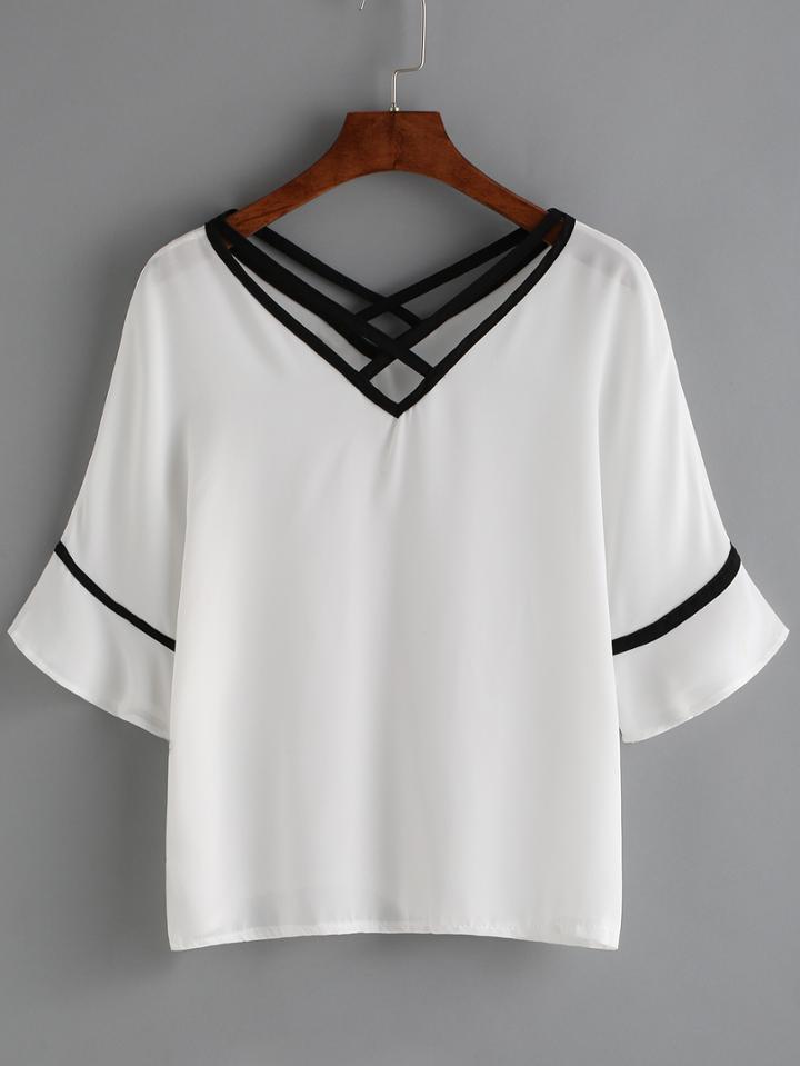 Romwe Double V Neck Bell Sleeve Trimmed Top