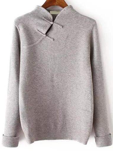 Romwe Chinese Style Buckle Grey Knitwear