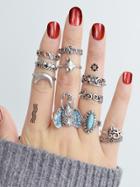 Romwe At-silver Vintage Turquoise Elephant Ring 11-pieces Set