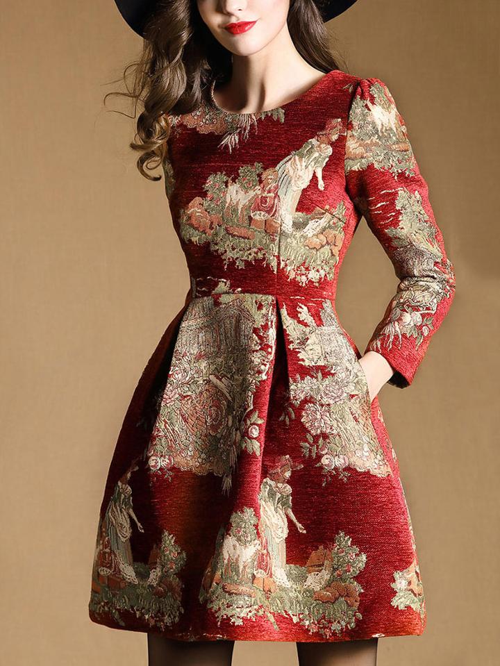 Romwe Red Round Neck Long Sleeve Jacquard Pockets Dress