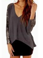 Romwe Long Sleeve Asymmetrical Hem Sequined Insert T-shirts