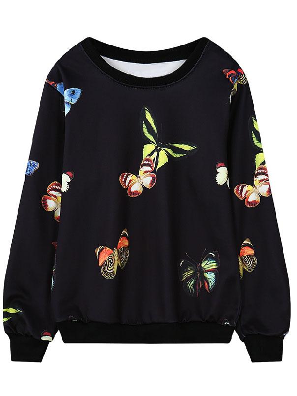 Romwe Butterfly Print Black Sweatshirt