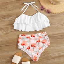 Romwe Ruffle Top With Random Flamingo Print Bikini Set