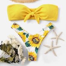 Romwe Random Knot Front Bandeau Top With High-leg Bikini Set