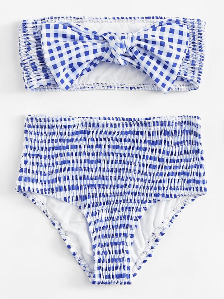 Romwe Striped Shirred Knot Bikini Set