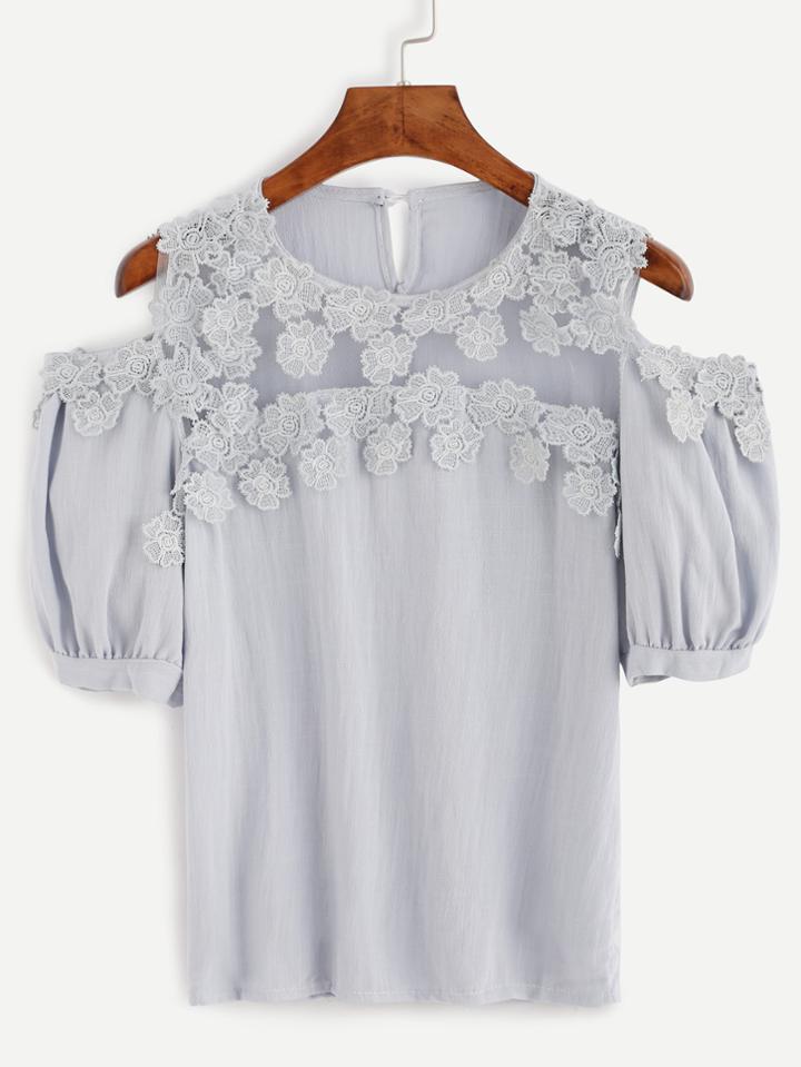 Romwe Grey Open Shoulder Embroidered Mesh Insert Blouse