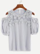 Romwe Grey Open Shoulder Embroidered Mesh Insert Blouse