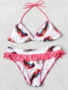 Romwe Mixed Print Contrast Fringe Triangle Bikini Set