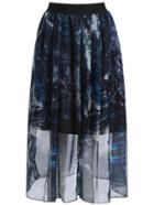 Romwe Elastic Waist Vintage Print Chiffon Blue Skirt