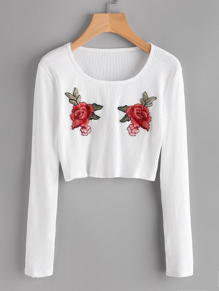 Romwe Rose Applique Ribbed Crop Tee