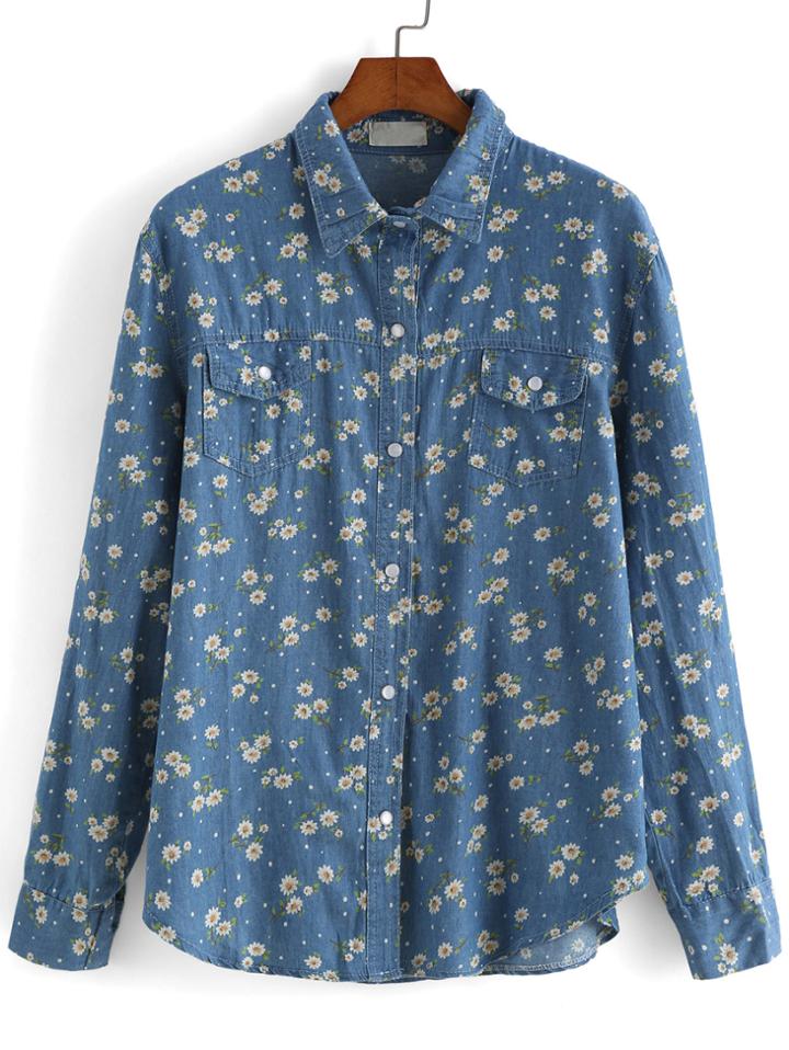 Romwe Lapel Daisy Print Denim Blouse
