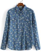 Romwe Lapel Daisy Print Denim Blouse